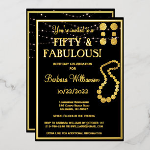 Invitación Con Relieve Metalizado Cumpleaños cincuenta y fabuloso negro REAL Oro