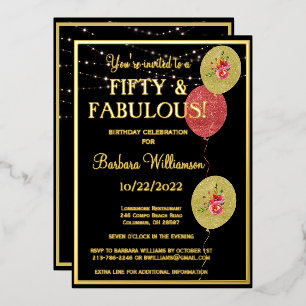 Invitación Con Relieve Metalizado Cumpleaños cincuenta y fabuloso negro REAL Oro