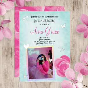 Invitación Con Relieve Metalizado Cumpleaños con encantos de rosa rosa, turquesa y p