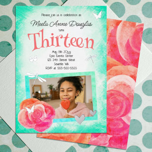 Invitación Con Relieve Metalizado Cumpleaños con foto rosa, coral, turquesa