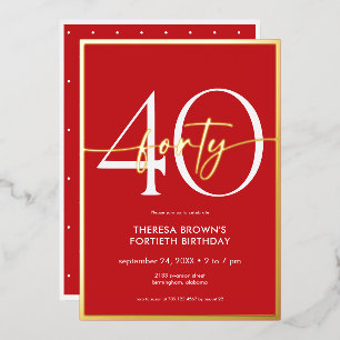 Invitación Con Relieve Metalizado Cumpleaños con guión de oro rojo minimalista moder
