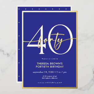 Invitación Con Relieve Metalizado Cumpleaños con guión dorado azul real minimalista