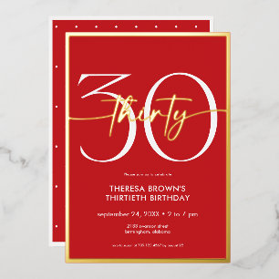 Invitación Con Relieve Metalizado Cumpleaños con guión rojo minimalista moderno trei