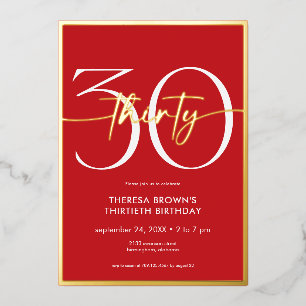 Invitación Con Relieve Metalizado Cumpleaños con guión rojo minimalista moderno trei