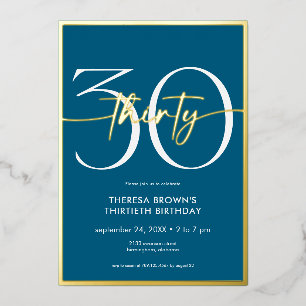 Invitación Con Relieve Metalizado Cumpleaños con guión treinta en azul verde minimal