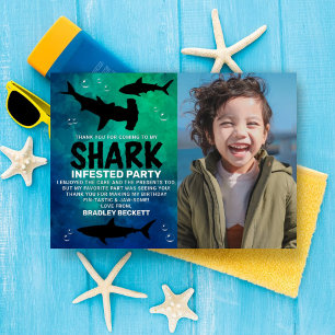 Invitación Con Relieve Metalizado Cumpleaños con tiburones Foto de agradecimiento pa