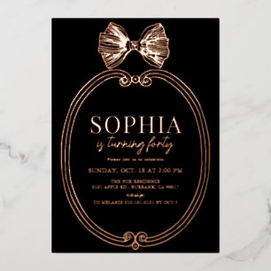 Invitación Con Relieve Metalizado Cumpleaños Coquette Arco/Cinta Dorado Negro