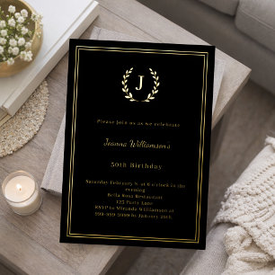 Invitación Con Relieve Metalizado Cumpleaños corona monograma oro negro