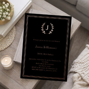 Invitación Con Relieve Metalizado Cumpleaños corona monograma oro rosa negro
