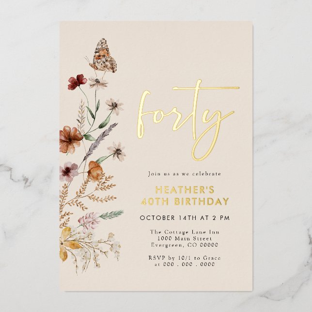 Invitación Con Relieve Metalizado Cumpleaños cuarenta (Anverso)