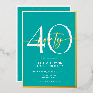 Invitación Con Relieve Metalizado Cumpleaños cuarenta en guión moderno minimalista a