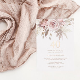 Invitación Con Relieve Metalizado Cumpleaños de 40 años Blush y Rosa Polvoriento Ros