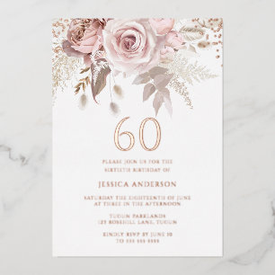 Invitación Con Relieve Metalizado Cumpleaños de 60 años Blush y Rosa Polvoriento Ros