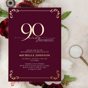 Invitación Con Relieve Metalizado Cumpleaños de 90 años con Burgundy y Caligrafía en