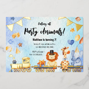 Invitación Con Relieve Metalizado Cumpleaños de animales de fiesta de tren selva dor