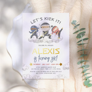 Invitación Con Relieve Metalizado Cumpleaños de Artes Marciales Ninja Shiny Let's Ki