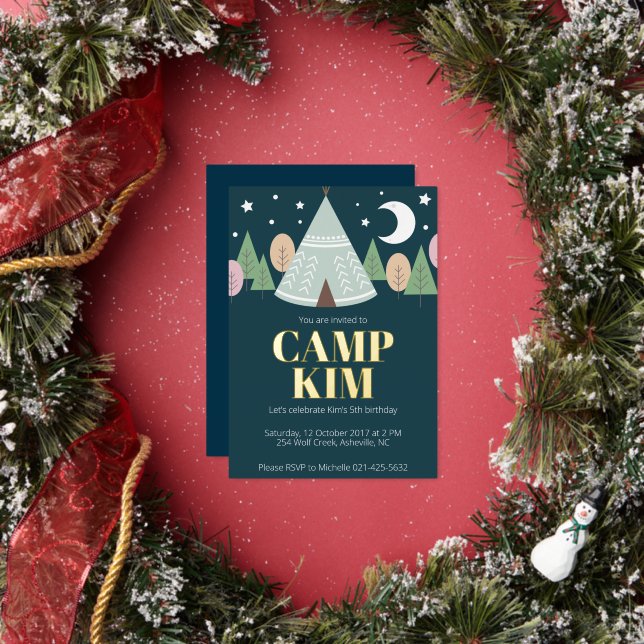 Invitación Con Relieve Metalizado Cumpleaños de camping de madera de cualquier año (in situ)