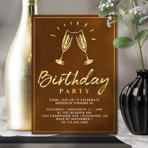 Invitación Con Relieve Metalizado Cumpleaños de champán Cheers Naranja Quemada y Dor