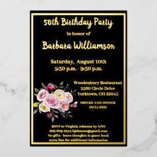 Invitación Con Relieve Metalizado Cumpleaños de cualquier edad en negro con oro REAL
