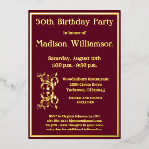 Invitación Con Relieve Metalizado Cumpleaños de cualquier edad en oro real rojo