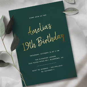 Invitación Con Relieve Metalizado Cumpleaños de cualquier edad Verde esmeralda osc
