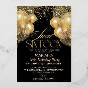 Invitación Con Relieve Metalizado Cumpleaños de Dulces 16 Globos Negros y Dorados Fo