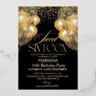 Invitación Con Relieve Metalizado Cumpleaños de Dulces 16 Globos Negros y Dorados Fo
