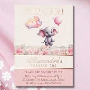 Invitación Con Relieve Metalizado Cumpleaños de elefante niña bebé floral rosa 1er
