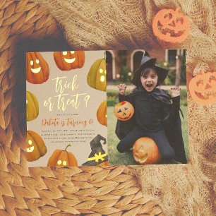Invitación Con Relieve Metalizado Cumpleaños de Foto de Calabaza con Truco o Trato c