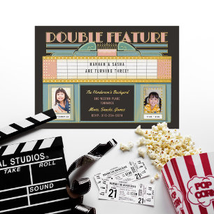 Invitación Con Relieve Metalizado Cumpleaños de gemelos con película de doble funció