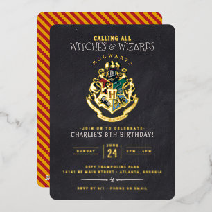 Invitación Con Relieve Metalizado Cumpleaños de Harry Potter Cresta de Hogwarts Piza