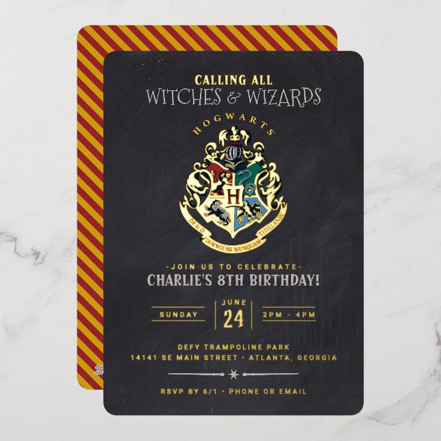 Invitación Con Relieve Metalizado Cumpleaños de Harry Potter Cresta de Hogwarts Piza (Anverso/Reverso)