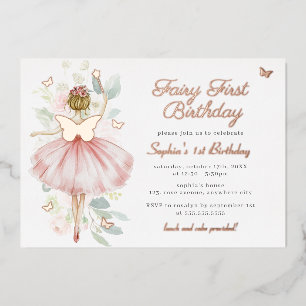 Invitación Con Relieve Metalizado Cumpleaños de la Hada Mariposa Primero 1er