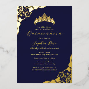 Invitación Con Relieve Metalizado Cumpleaños de la Marina de Oro Rosa Quinceanera