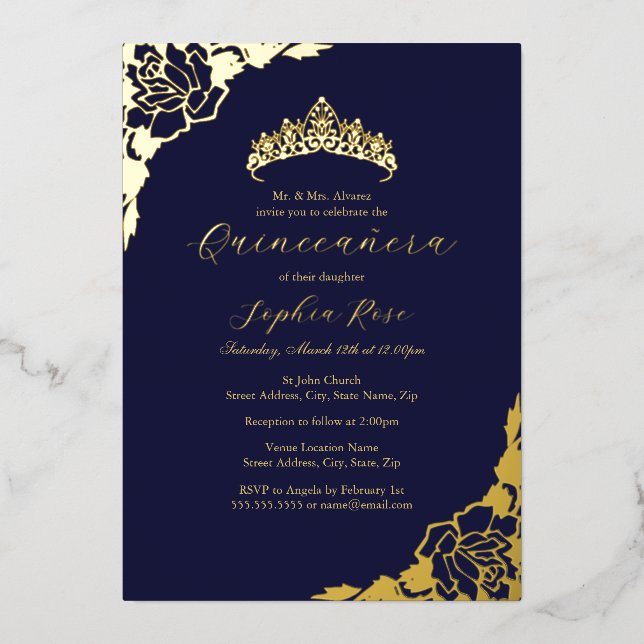 Invitación Con Relieve Metalizado Cumpleaños de la Marina de Oro Rosa Quinceanera (Anverso)