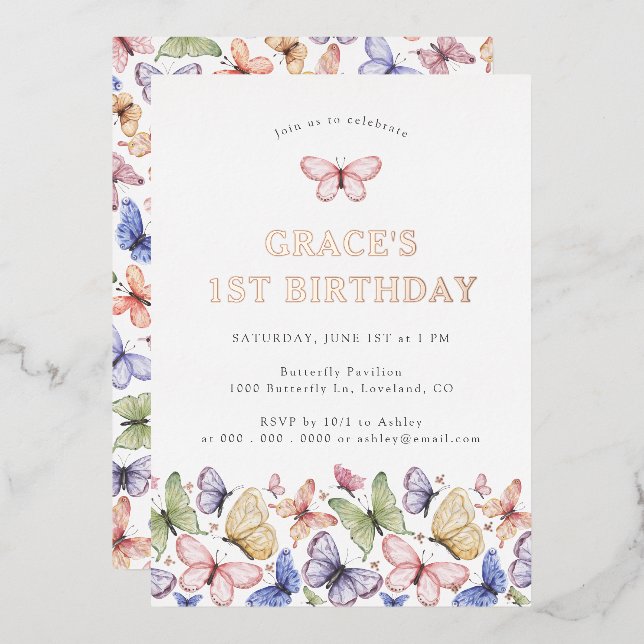 Invitación Con Relieve Metalizado Cumpleaños de la mariposa (Anverso/Reverso)