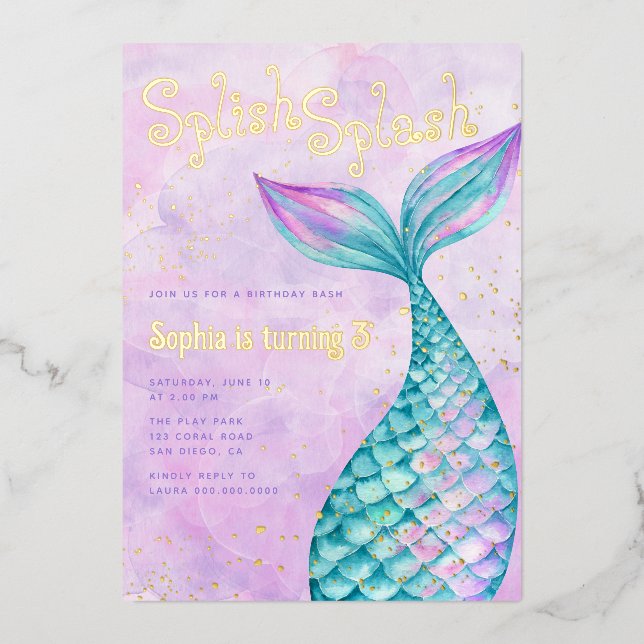Invitación Con Relieve Metalizado Cumpleaños de la sirena (Anverso)