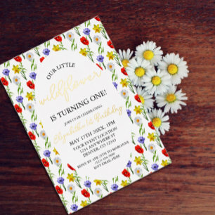 Invitación Con Relieve Metalizado Cumpleaños de Little Wildflower 1 año