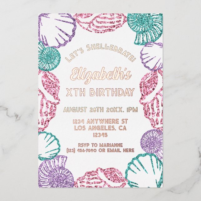 Invitación Con Relieve Metalizado Cumpleaños de los Chicas de las conchas marinas (Anverso)