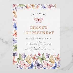 Invitación Con Relieve Metalizado Cumpleaños de Mariposa