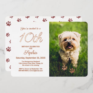 Invitación Con Relieve Metalizado Cumpleaños de Mascota con Huellas de Pata Dorado R