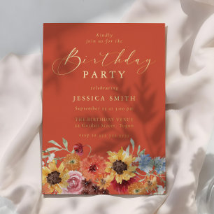 Invitación Con Relieve Metalizado Cumpleaños de mujer y niñas con flores vibrantes y
