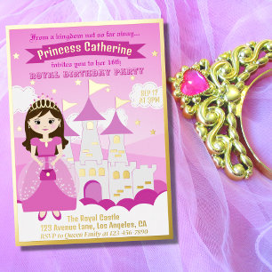 Invitación Con Relieve Metalizado Cumpleaños de niña Castillo Real Princesa Rosa