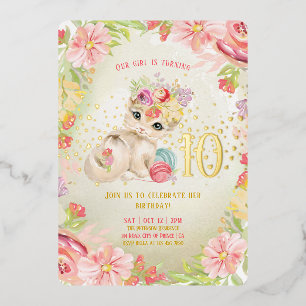 Invitación Con Relieve Metalizado Cumpleaños de niña con gatito y flores acuarela