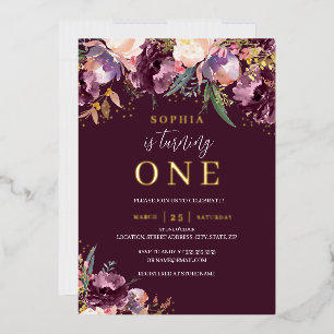 Invitación Con Relieve Metalizado Cumpleaños de niña floral acuarela púrpura dorado 