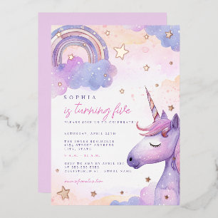 Invitación Con Relieve Metalizado Cumpleaños de niñas Estrellas Unicornio Purpura Má
