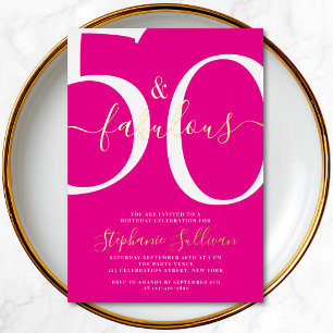 Invitación Con Relieve Metalizado Cumpleaños de rosa guión cincuenta y fabuloso