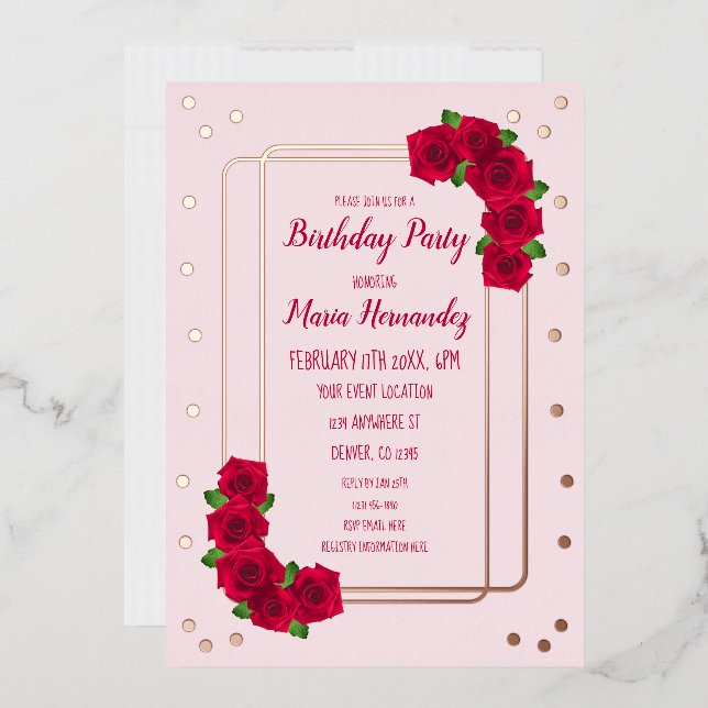 Invitación Con Relieve Metalizado Cumpleaños de Rosa Rosa (Sobre)