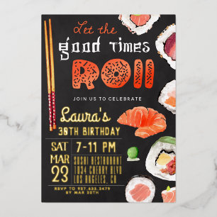Invitación Con Relieve Metalizado Cumpleaños de Sushi