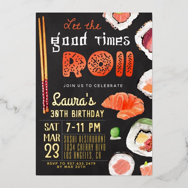 Invitación Con Relieve Metalizado Cumpleaños de Sushi (Anverso)